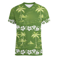 Olive Green Hawaii Palm Tree Hibiscus Women V-Neck T-Shirt Fantasy Summer Vibe