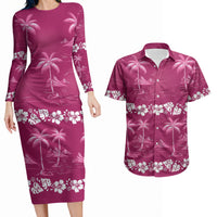 Pink Hawaii Palm Tree Hibiscus Couples Matching Long Sleeve Bodycon Dress and Hawaiian Shirt Fantasy Summer Vibe