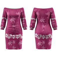 Pink Hawaii Palm Tree Hibiscus Couples Matching Off The Shoulder Long Sleeve Dress and Hawaiian Shirt Fantasy Summer Vibe