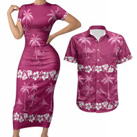 Pink Hawaii Palm Tree Hibiscus Couples Matching Short Sleeve Bodycon Dress and Hawaiian Shirt Fantasy Summer Vibe
