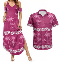 Pink Hawaii Palm Tree Hibiscus Couples Matching Summer Maxi Dress and Hawaiian Shirt Fantasy Summer Vibe