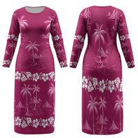 Pink Hawaii Palm Tree Hibiscus Family Matching Long Sleeve Bodycon Dress and Hawaiian Shirt Fantasy Summer Vibe