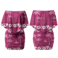 Pink Hawaii Palm Tree Hibiscus Family Matching Off Shoulder Short Dress and Hawaiian Shirt Fantasy Summer Vibe