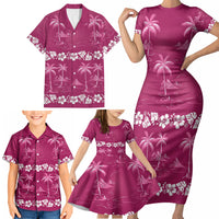 Pink Hawaii Palm Tree Hibiscus Family Matching Short Sleeve Bodycon Dress and Hawaiian Shirt Fantasy Summer Vibe
