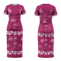 Pink Hawaii Palm Tree Hibiscus Family Matching Short Sleeve Bodycon Dress and Hawaiian Shirt Fantasy Summer Vibe