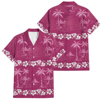 Pink Hawaii Palm Tree Hibiscus Family Matching Short Sleeve Bodycon Dress and Hawaiian Shirt Fantasy Summer Vibe