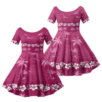 Pink Hawaii Palm Tree Hibiscus Family Matching Short Sleeve Bodycon Dress and Hawaiian Shirt Fantasy Summer Vibe