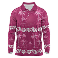 Pink Hawaii Palm Tree Hibiscus Long Sleeve Polo Shirt Fantasy Summer Vibe
