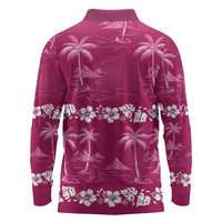 Pink Hawaii Palm Tree Hibiscus Long Sleeve Polo Shirt Fantasy Summer Vibe
