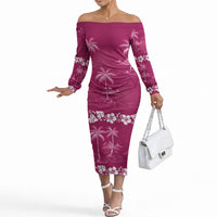 Pink Hawaii Palm Tree Hibiscus Off The Shoulder Long Sleeve Dress Fantasy Summer Vibe