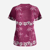 Pink Hawaii Palm Tree Hibiscus Scrub Top Fantasy Summer Vibe