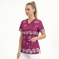 Pink Hawaii Palm Tree Hibiscus Scrub Top Fantasy Summer Vibe