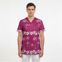 Pink Hawaii Palm Tree Hibiscus Scrub Top Fantasy Summer Vibe