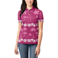 Pink Hawaii Palm Tree Hibiscus Women Polo Shirt Fantasy Summer Vibe