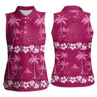 Pink Hawaii Palm Tree Hibiscus Women Sleeveless Polo Shirt Fantasy Summer Vibe