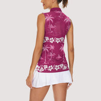 Pink Hawaii Palm Tree Hibiscus Women Sleeveless Polo Shirt Fantasy Summer Vibe