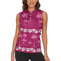 Pink Hawaii Palm Tree Hibiscus Women Sleeveless Polo Shirt Fantasy Summer Vibe
