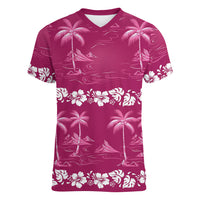Pink Hawaii Palm Tree Hibiscus Women V-Neck T-Shirt Fantasy Summer Vibe