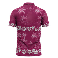 Pink Hawaii Palm Tree Hibiscus Zipper Polo Shirt Fantasy Summer Vibe