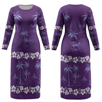 Purple Hawaii Palm Tree Hibiscus Couples Matching Long Sleeve Bodycon Dress and Hawaiian Shirt Fantasy Summer Vibe