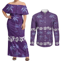 Purple Hawaii Palm Tree Hibiscus Couples Matching Off Shoulder Maxi Dress and Long Sleeve Button Shirt Fantasy Summer Vibe