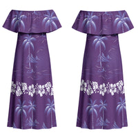 Purple Hawaii Palm Tree Hibiscus Couples Matching Off Shoulder Maxi Dress and Long Sleeve Button Shirt Fantasy Summer Vibe