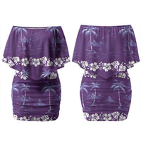 Purple Hawaii Palm Tree Hibiscus Couples Matching Off Shoulder Short Dress and Long Sleeve Button Shirt Fantasy Summer Vibe