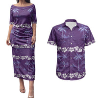 Purple Hawaii Palm Tree Hibiscus Couples Matching Puletasi and Hawaiian Shirt Fantasy Summer Vibe