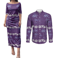 Purple Hawaii Palm Tree Hibiscus Couples Matching Puletasi and Long Sleeve Button Shirt Fantasy Summer Vibe