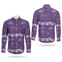 Purple Hawaii Palm Tree Hibiscus Couples Matching Puletasi and Long Sleeve Button Shirt Fantasy Summer Vibe