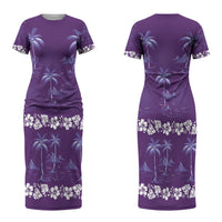 Purple Hawaii Palm Tree Hibiscus Couples Matching Short Sleeve Bodycon Dress and Hawaiian Shirt Fantasy Summer Vibe