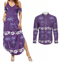 Purple Hawaii Palm Tree Hibiscus Couples Matching Summer Maxi Dress and Long Sleeve Button Shirt Fantasy Summer Vibe