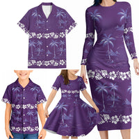 Purple Hawaii Palm Tree Hibiscus Family Matching Long Sleeve Bodycon Dress and Hawaiian Shirt Fantasy Summer Vibe