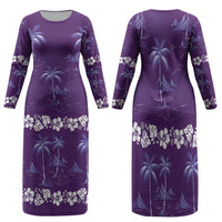 Purple Hawaii Palm Tree Hibiscus Family Matching Long Sleeve Bodycon Dress and Hawaiian Shirt Fantasy Summer Vibe