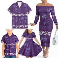 Purple Hawaii Palm Tree Hibiscus Family Matching Off The Shoulder Long Sleeve Dress and Hawaiian Shirt Fantasy Summer Vibe