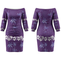 Purple Hawaii Palm Tree Hibiscus Family Matching Off The Shoulder Long Sleeve Dress and Hawaiian Shirt Fantasy Summer Vibe