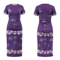 Purple Hawaii Palm Tree Hibiscus Family Matching Short Sleeve Bodycon Dress and Hawaiian Shirt Fantasy Summer Vibe