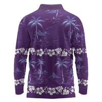 Purple Hawaii Palm Tree Hibiscus Long Sleeve Polo Shirt Fantasy Summer Vibe