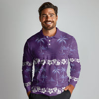 Purple Hawaii Palm Tree Hibiscus Long Sleeve Polo Shirt Fantasy Summer Vibe