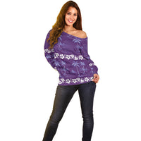 Purple Hawaii Palm Tree Hibiscus Off Shoulder Sweater Fantasy Summer Vibe