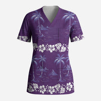 Purple Hawaii Palm Tree Hibiscus Scrub Top Fantasy Summer Vibe
