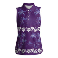 Purple Hawaii Palm Tree Hibiscus Women Sleeveless Polo Shirt Fantasy Summer Vibe