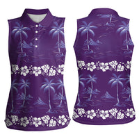 Purple Hawaii Palm Tree Hibiscus Women Sleeveless Polo Shirt Fantasy Summer Vibe