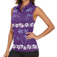 Purple Hawaii Palm Tree Hibiscus Women Sleeveless Polo Shirt Fantasy Summer Vibe