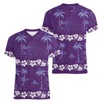 Purple Hawaii Palm Tree Hibiscus Women V-Neck T-Shirt Fantasy Summer Vibe