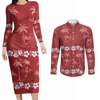 Red Hawaii Palm Tree Hibiscus Couples Matching Long Sleeve Bodycon Dress and Long Sleeve Button Shirt Fantasy Summer Vibe