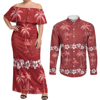 Red Hawaii Palm Tree Hibiscus Couples Matching Off Shoulder Maxi Dress and Long Sleeve Button Shirt Fantasy Summer Vibe