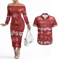 Red Hawaii Palm Tree Hibiscus Couples Matching Off The Shoulder Long Sleeve Dress and Hawaiian Shirt Fantasy Summer Vibe