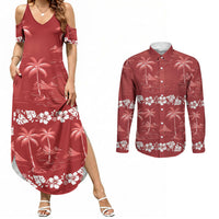 Red Hawaii Palm Tree Hibiscus Couples Matching Summer Maxi Dress and Long Sleeve Button Shirt Fantasy Summer Vibe