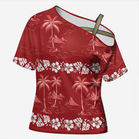 Red Hawaii Palm Tree Hibiscus Cross Shoulder Shirt Fantasy Summer Vibe